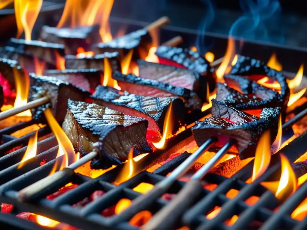 Brillantes brasas de carbón cocinan alimentos en parrilla, destacando la cocina con carbón en historia