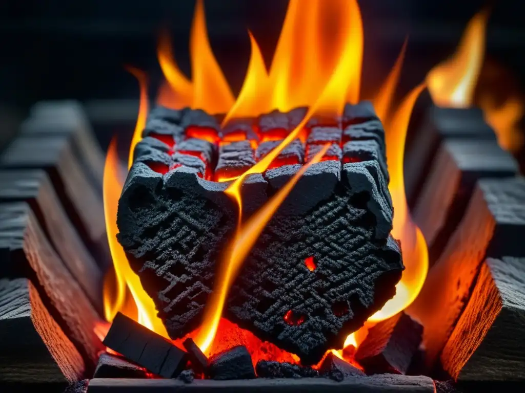 Briqueta de carbón al rojo vivo rodeada de llamas, reflejando la intensa calidez de la cocina moderna era industrial