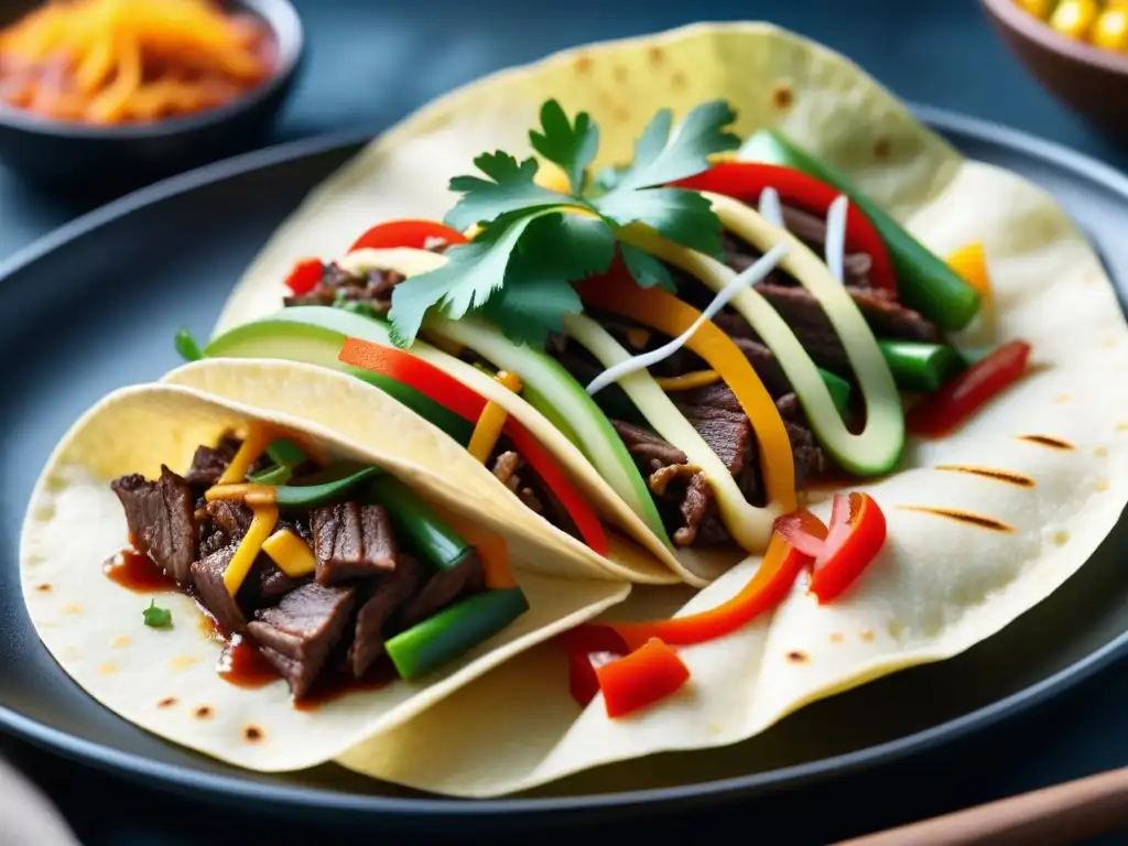 Deléitate con la fusión coreano-mexicana en este bulgogi taco: carne marinada, verduras frescas y salsa gochujang en tortilla de maíz