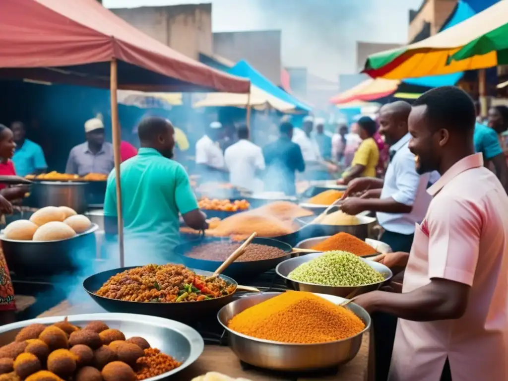 Una bulliciosa cocina callejera africana, con vibrantes colores y detalles, mostrando la riqueza cultural de África