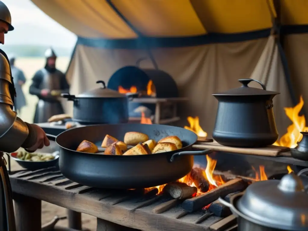 Un bullicioso campamento medieval durante las Cruzadas, con cocinas en plena acción y soldados disfrutando de la comida