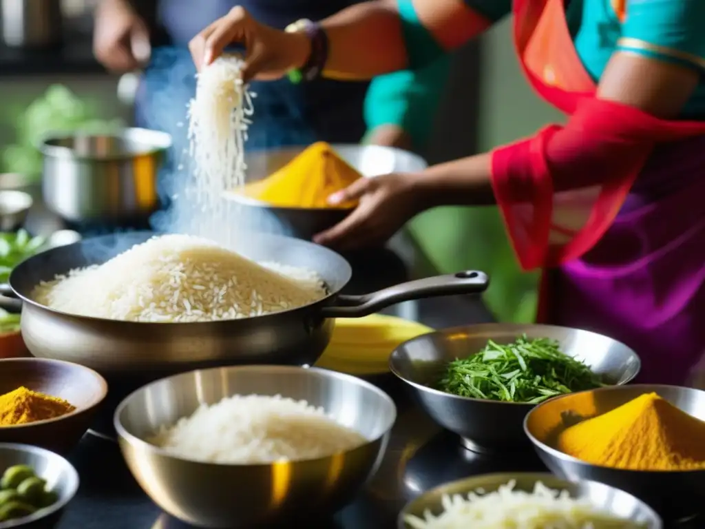 Un bullicioso cocina asiática tradicional con arroz basmati fragante y especias coloridas