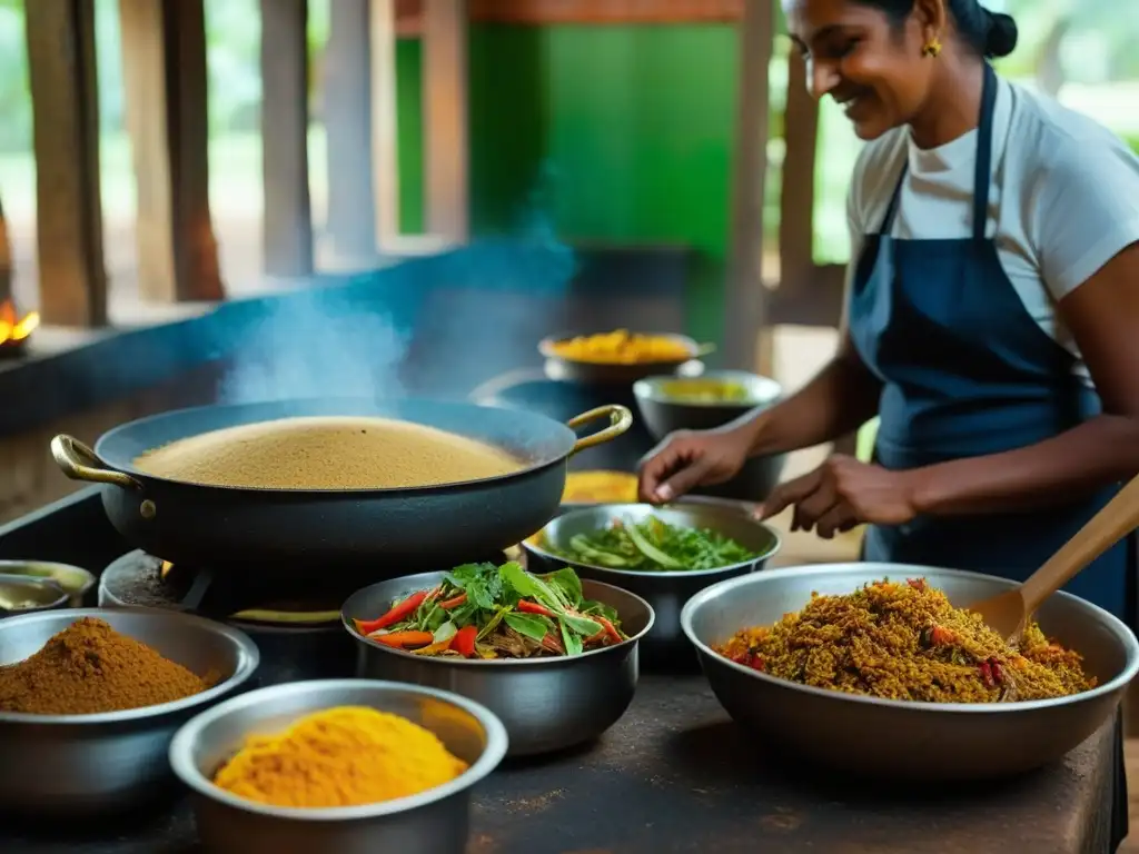 Un bullicioso y detallado retrato de una cocina tradicional de Sri Lanka, donde se preparan recetas históricas gastronomía Sri Lanka