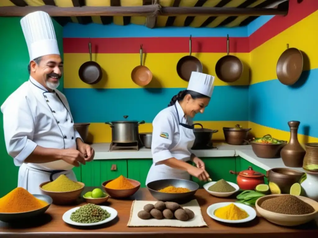 Un bullicioso y detallado retrato de una cocina tradicional colombiana con chefs preparando Recetas históricas de Colombia