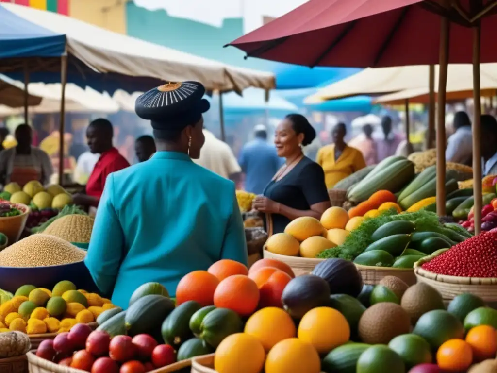 Un bullicioso mercado africano con influencia culinaria portuguesa, exhibiendo ingredientes frescos y vibrantes en un ambiente cultural único