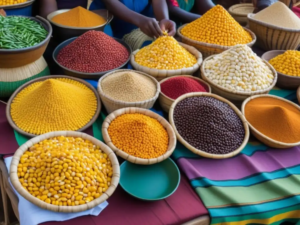 Un bullicioso mercado africano lleno de color y vida, reflejando la influencia africana en la cocina latinoamericana