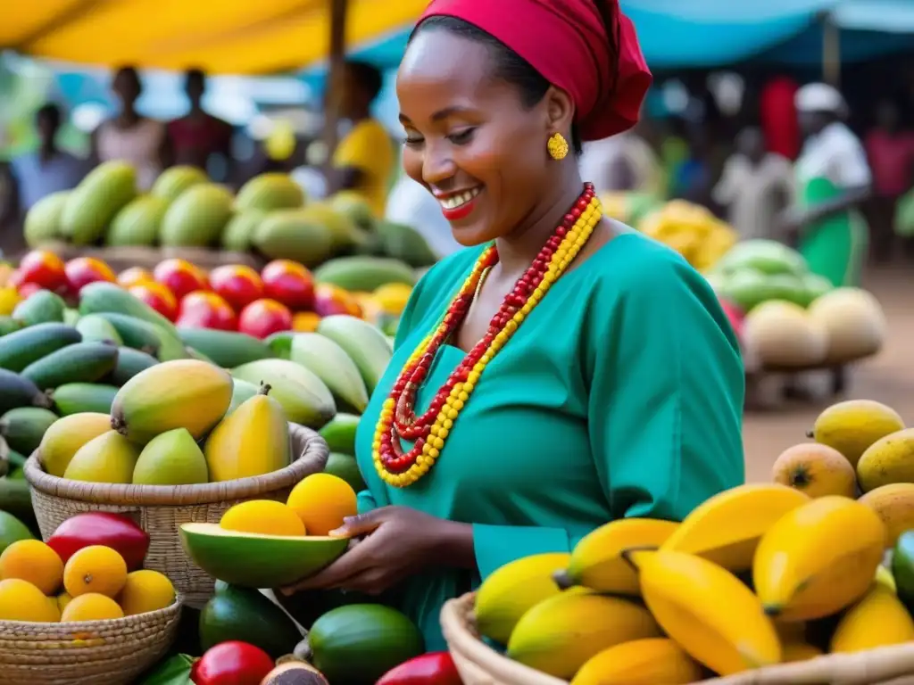 Un bullicioso mercado africano donde mujeres preparan platos africanos tradicionales saludables con frutas y verduras frescas y coloridas