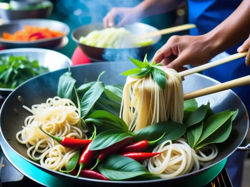 Un bullicioso mercado callejero en el sudeste asiático, donde un chef local elabora una receta histórica de IndoChina