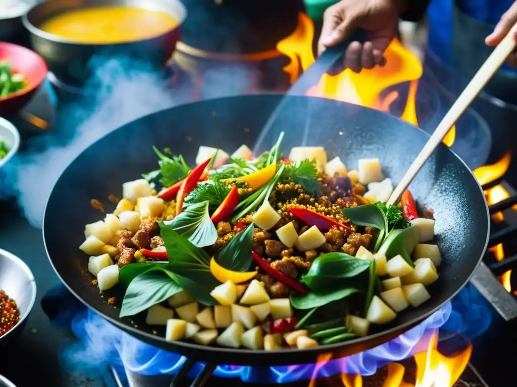 Un bullicioso mercado callejero del Sudeste Asiático, donde un experto vendedor de cocina callejera revuelve ingredientes coloridos en un wok humeante