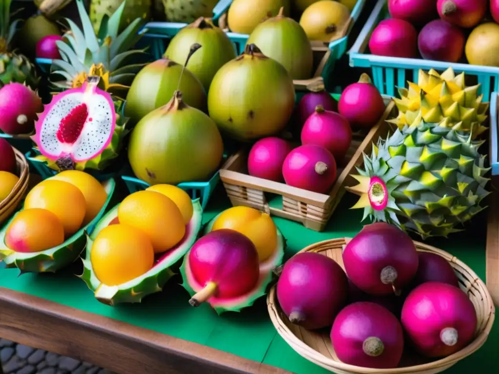 Un bullicioso mercado de frutas y verduras en el sudeste asiático