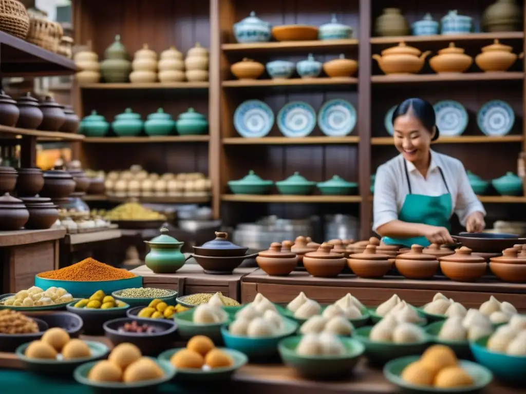 Un bullicioso mercado gastronómico en Bangkok, Tailandia, exhibiendo artefactos culinarios antiguos