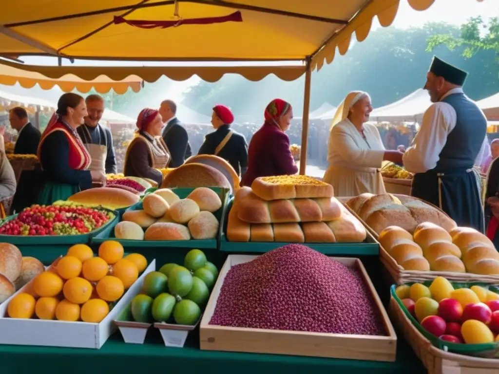 Un bullicioso mercado del Imperio Austrohúngaro, rebosante de colores, aromas y sabores