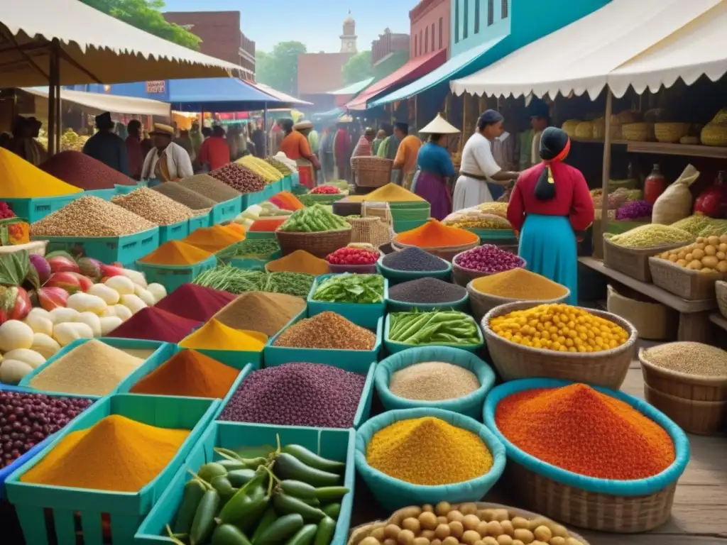 Un bullicioso mercado del Intercambio Columbino dieta mundial, con exóticos alimentos intercambiados entre culturas