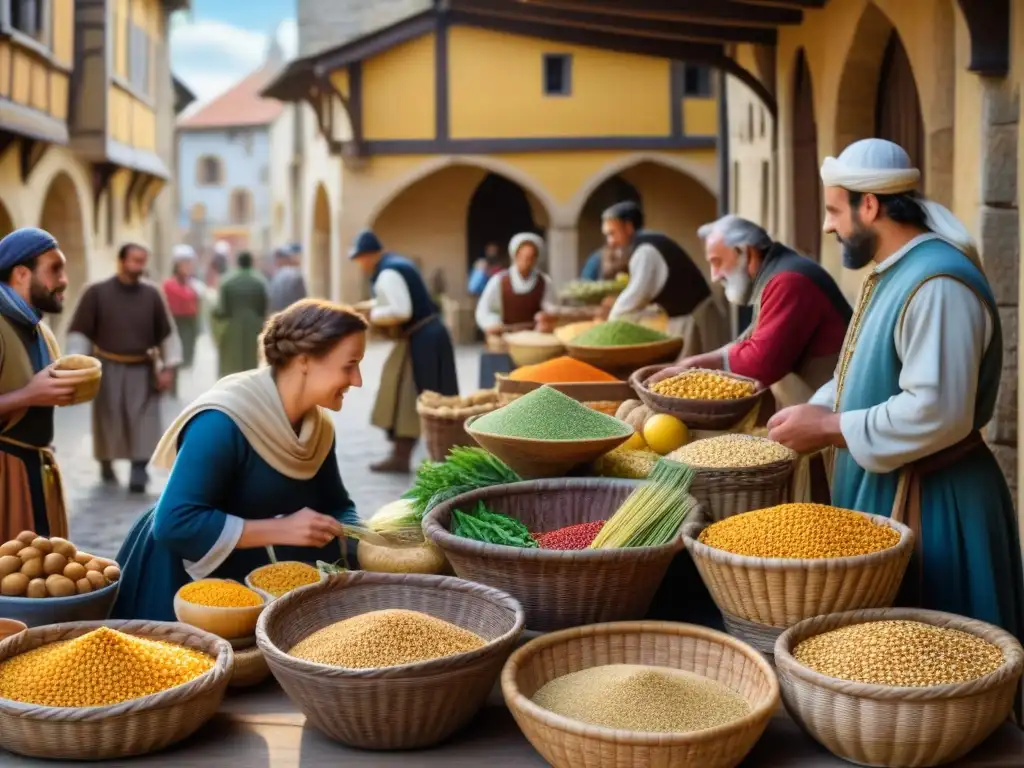 Un bullicioso mercado medieval con alimentos en cestas de mimbre