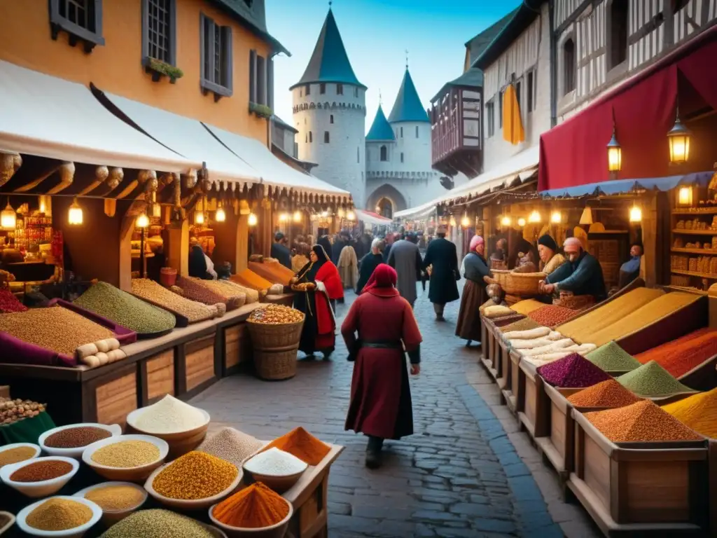 Un bullicioso mercado medieval en Europa, con comerciantes intercambiando especias exóticas de Oriente y Occidente