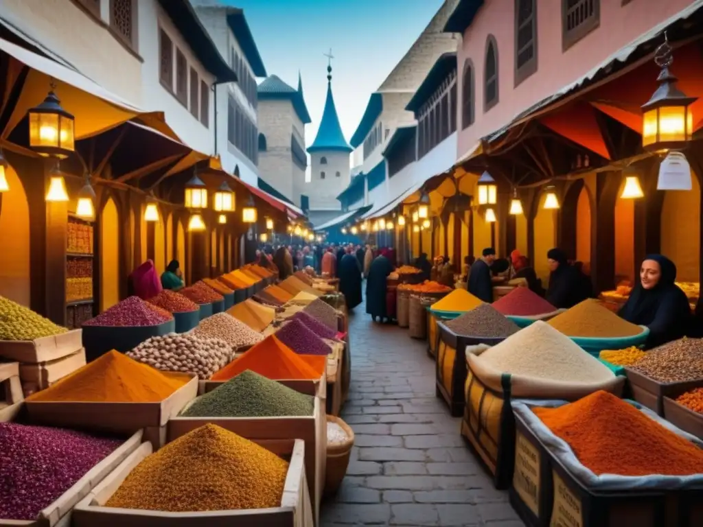 Bullicioso mercado medieval de especias en ciudad oriental, intercambio cultural y económico