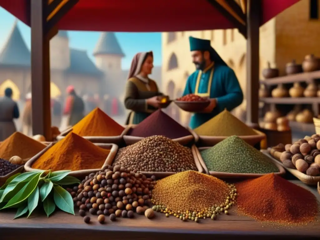 Un bullicioso mercado medieval con especias coloridas y aromáticas como canela, clavo y pimienta