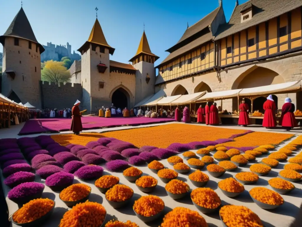 Un bullicioso mercado medieval donde se recolecta azafrán, mostrando su historia como lujoso bien culinario