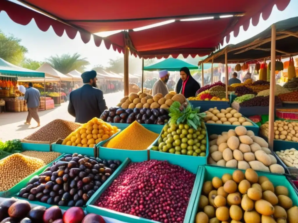 Un bullicioso mercado en Medio Oriente con una vibrante variedad de alimentos frescos y coloridos, reflejando la historia de la dieta en la región