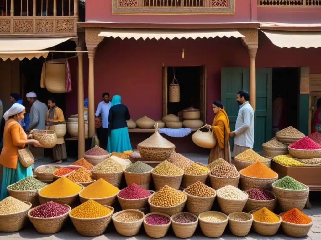 Un bullicioso mercado Mughal rebosante de coloridas y exóticas granos, donde la nutrición y gastronomía en Mughal brillan