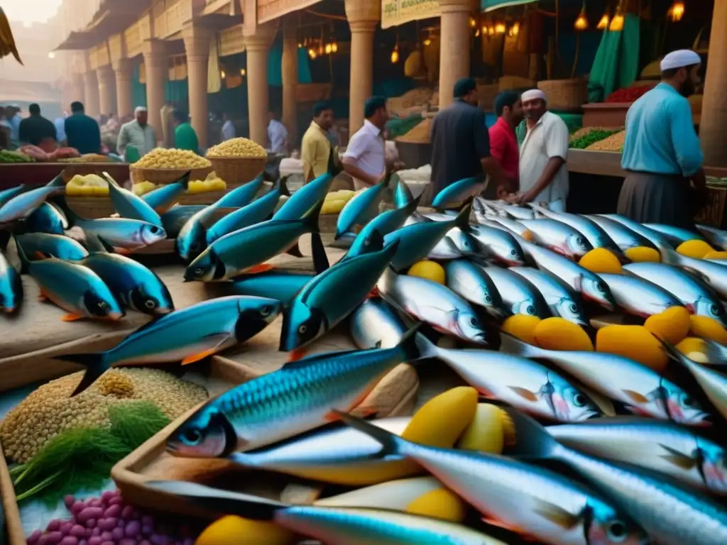 Un bullicioso mercado de pescado en el Antiguo Egipto con aves exóticas