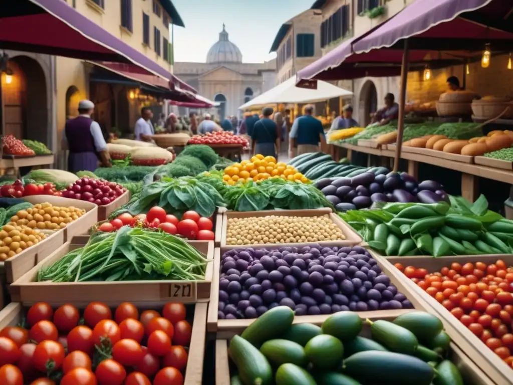 Un bullicioso mercado romano con legumbres y vegetales frescos, detallados y vibrantes en puestos de madera