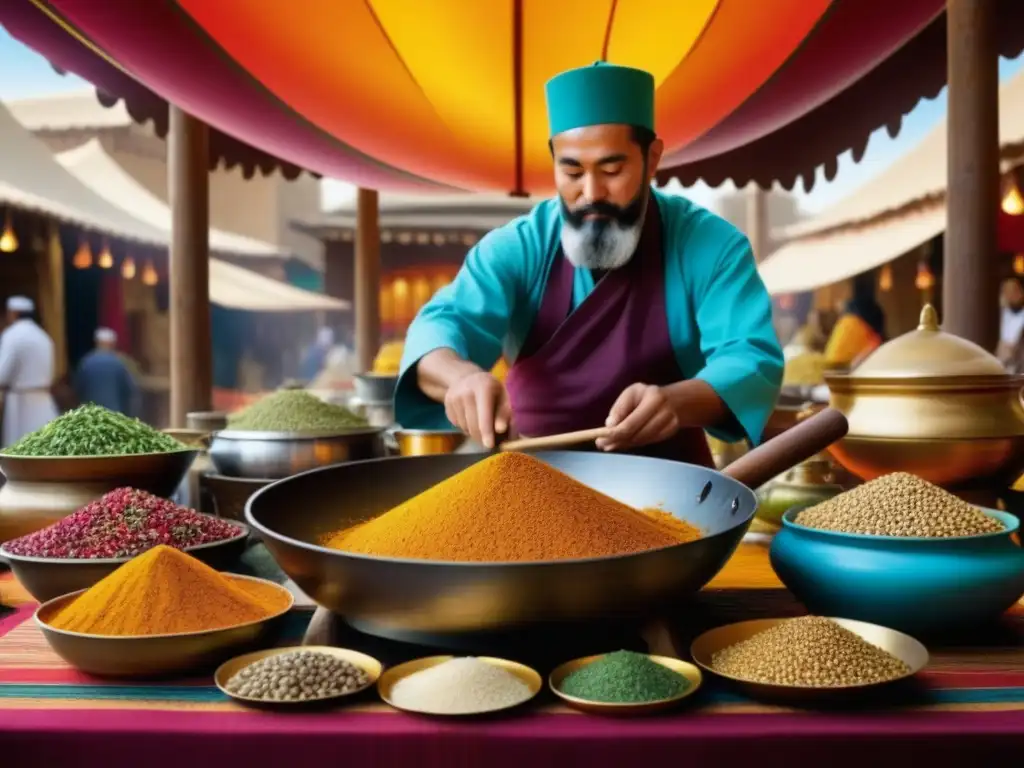 Un bullicioso mercado de la Ruta de la Seda con recetas milenarias y una mezcla cultural vibrante