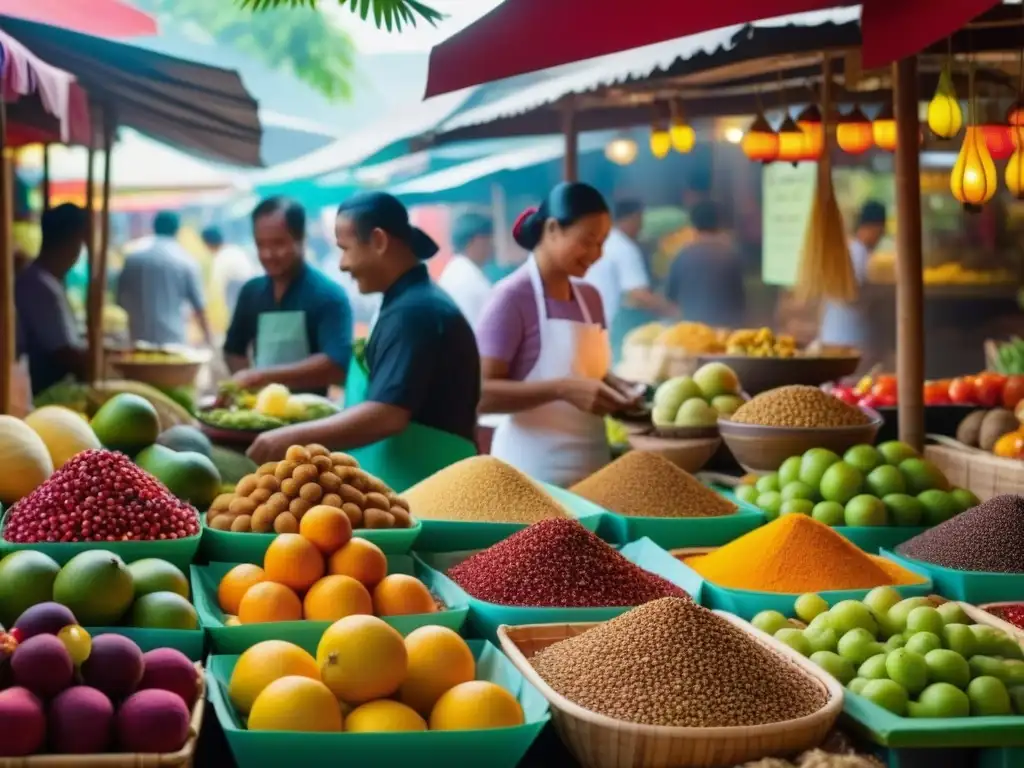 Un bullicioso mercado en el sudeste asiático fusionando sabores africanos, reflejando la rica influencia africana en la cocina sudeste