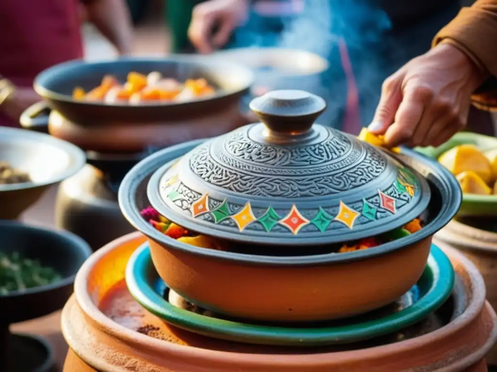 En un bullicioso mercado de Marrakech, un tagine marroquí tradicional hierve sobre brasas, rodeado de colores y aromas, capturando la esencia de la cocina real Marrakech historia