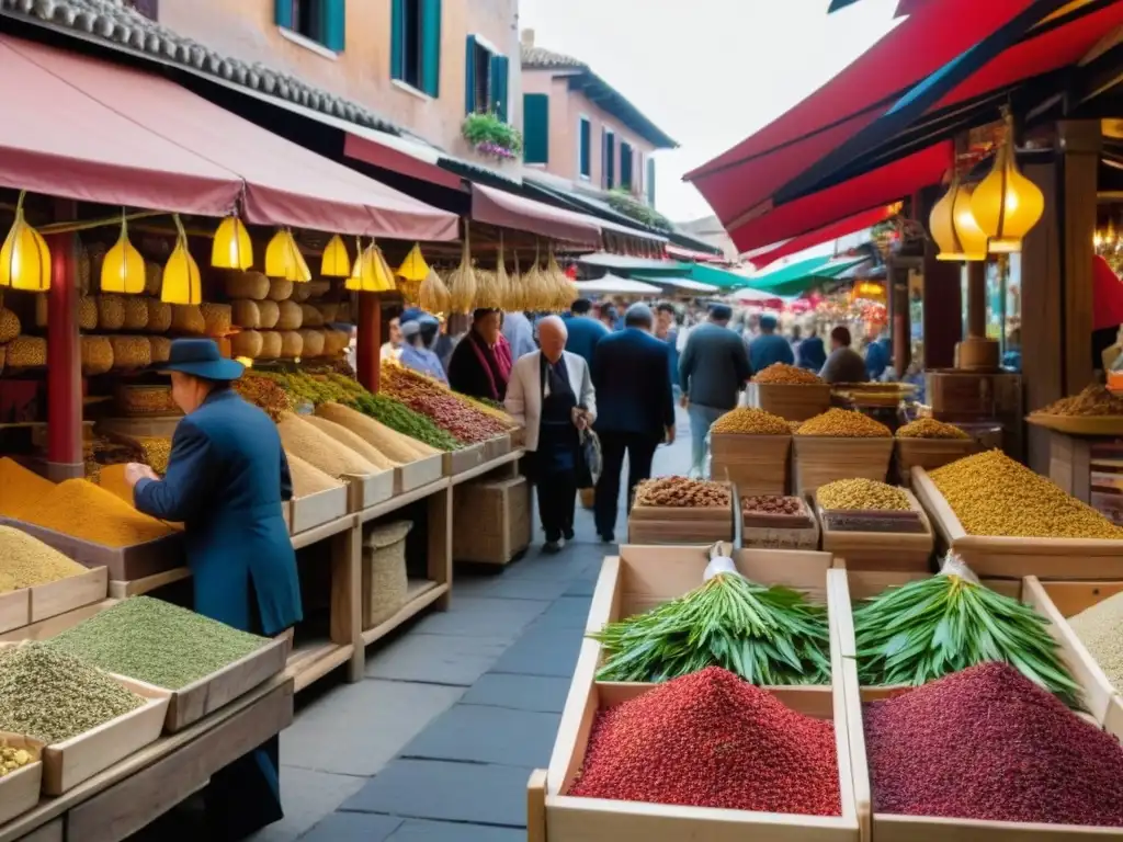 Un bullicioso mercado veneciano con influencia asiática, mostrando especias y hierbas exóticas en puestos de madera