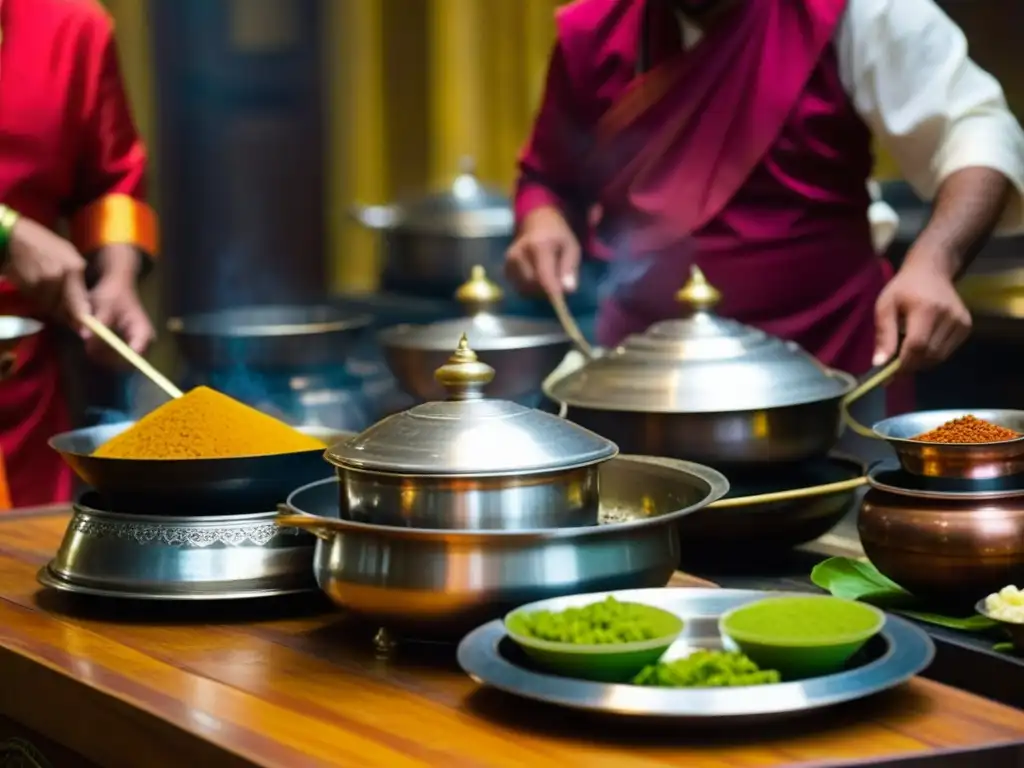 Un bullicioso palacio Mughal lleno de chefs preparando exquisitos platos, reflejando la influencia de la gastronomía mughal