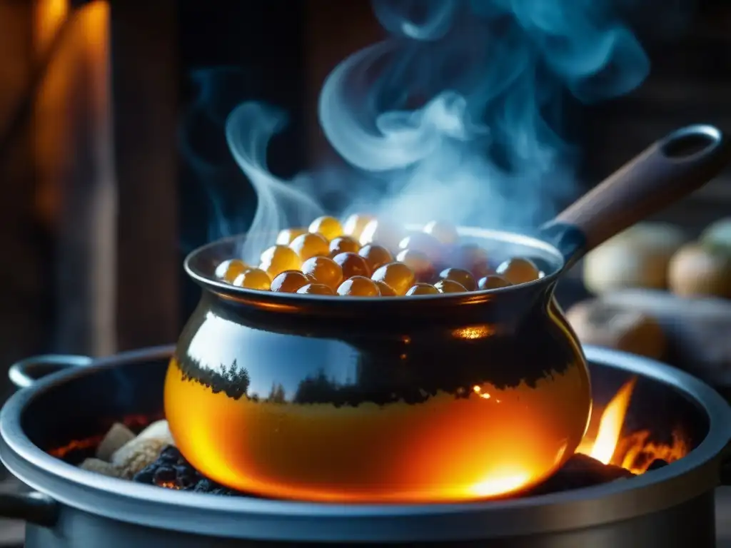 Bullicioso Sbiten zarista en olla sobre fuego, fusionando miel, hierbas y especias en escena evocadora de la historia y cultura rusa