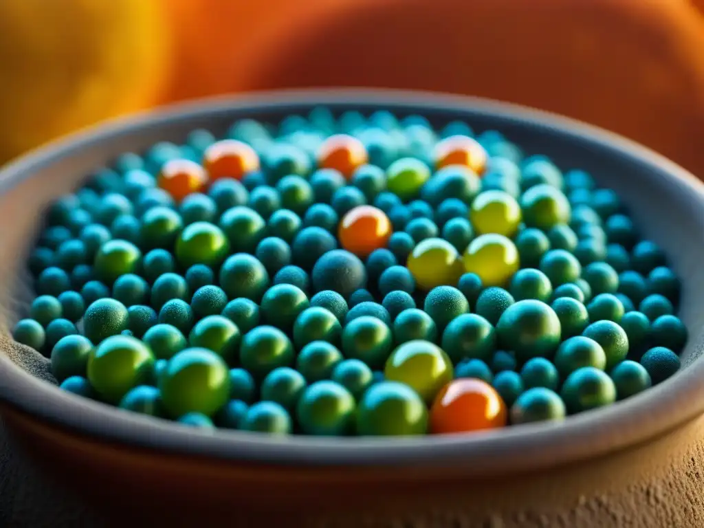 Burbujas vibrantes en fermentación de alimentos, reflejando luz en recipiente de arcilla