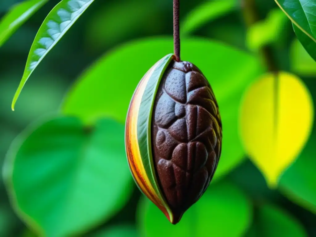 Cacao pod detallado con gotas de rocío, resaltando su belleza natural