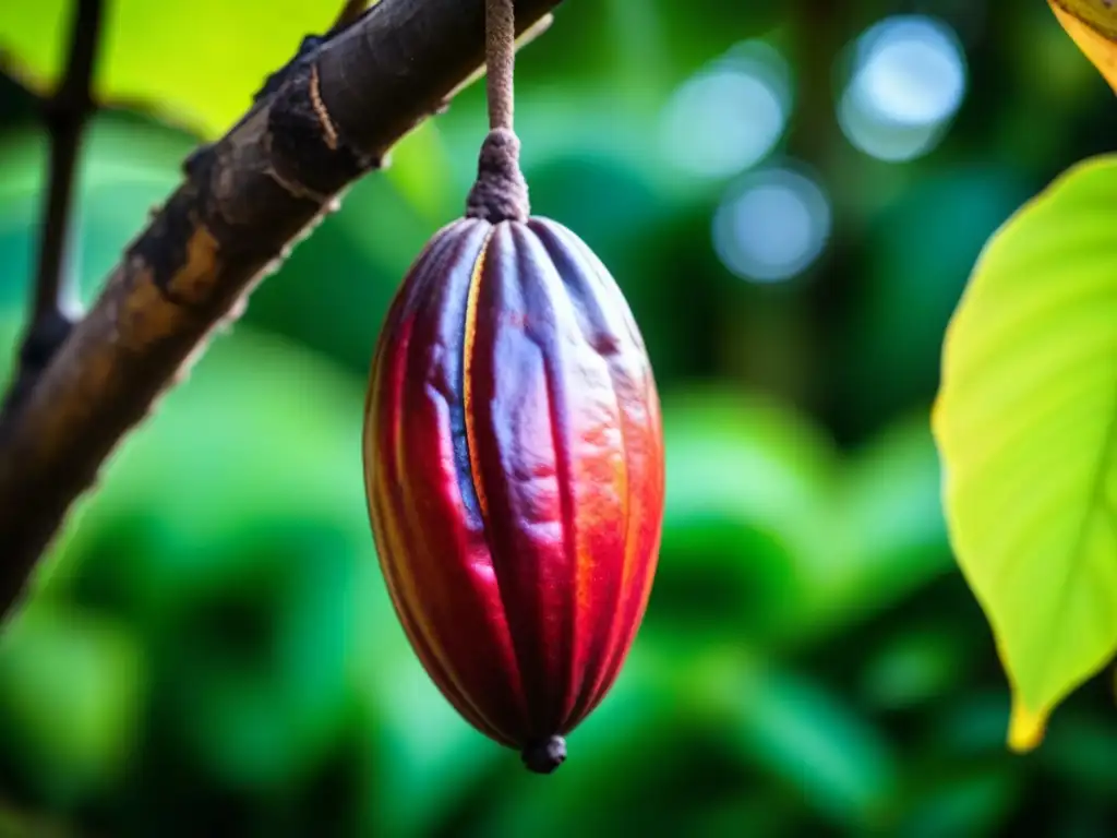 Un cacao maduro cuelga de un árbol, mostrando su textura y colores vibrantes