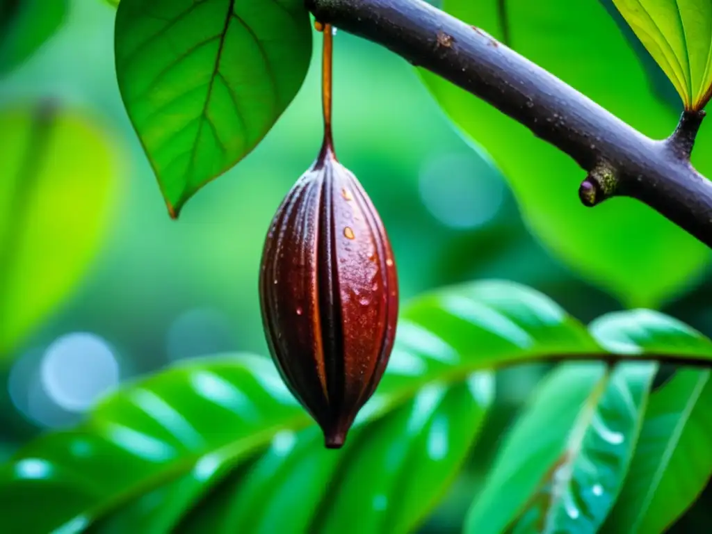 Detalles vívidos: Cacao fresco y exótico en la plantación Un cacao maduro con gotas de agua, rodeado de hojas verdes en una plantación