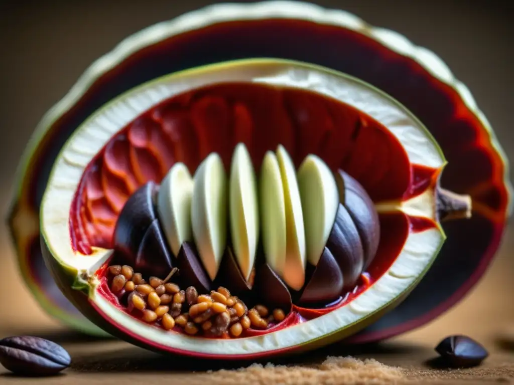 Un cacao rojo vibrante revela sus ricos granos oscuros en una imagen detallada, resaltando la nutrición y la belleza