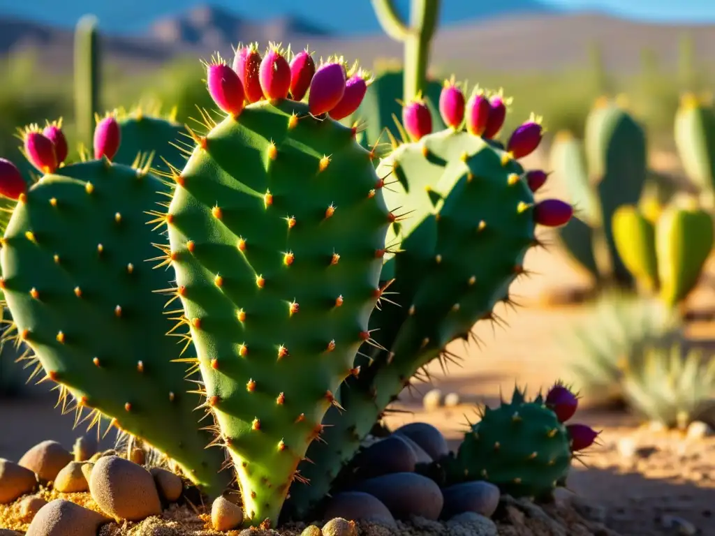 Un cactus de higos chumbos vibrante en el árido desierto, mostrando su textura espinosa y frutos coloridos, bajo la luz del sol