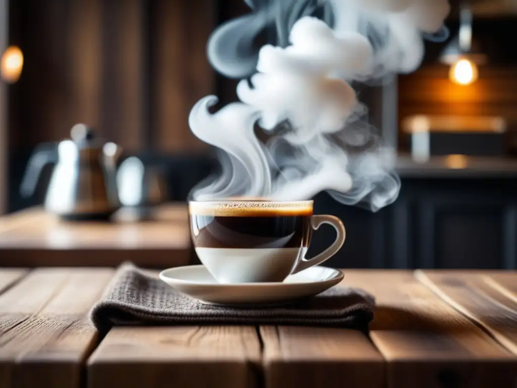 Un café escandinavo: taza adornada con un tejido nórdico, barista sonriente preparando espresso