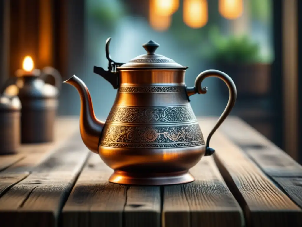 Cafetera de cobre vintage: historia y tradición en cada detalle Cafetera de cobre vintage en mesa de madera, con grabados detallados, resplandeciendo bajo una vela