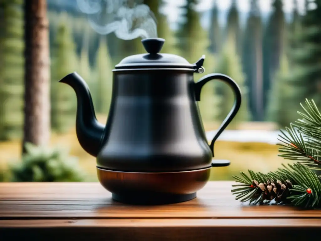 Una cafetera vintage escandinava preparando un intenso espresso en un paisaje invernal, evocando la historia del consumo de café en Escandinavia