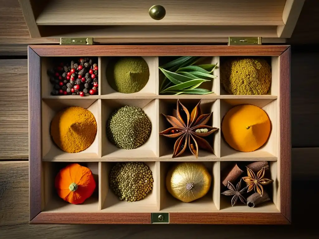 Una caja de especias de la Ruta de la Seda: vibrantes colores y exóticas texturas de paprika, cúrcuma, cardamomo y comino