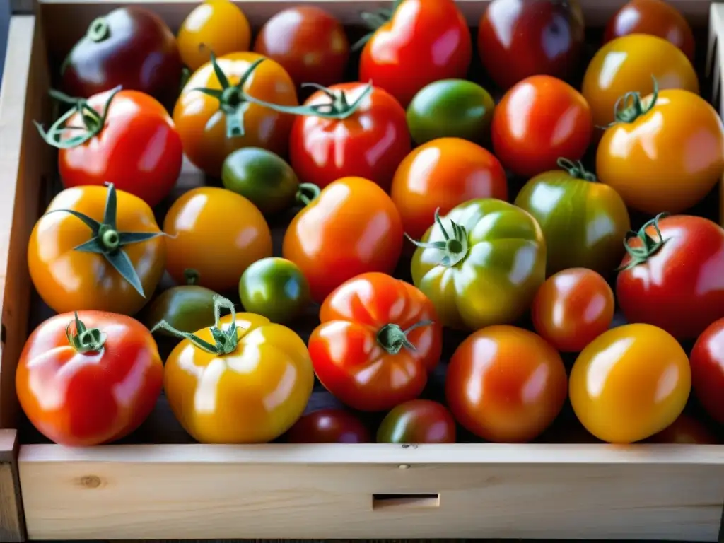 Una caja de madera rústica llena de tomates orgánicos variados, iluminados por el sol