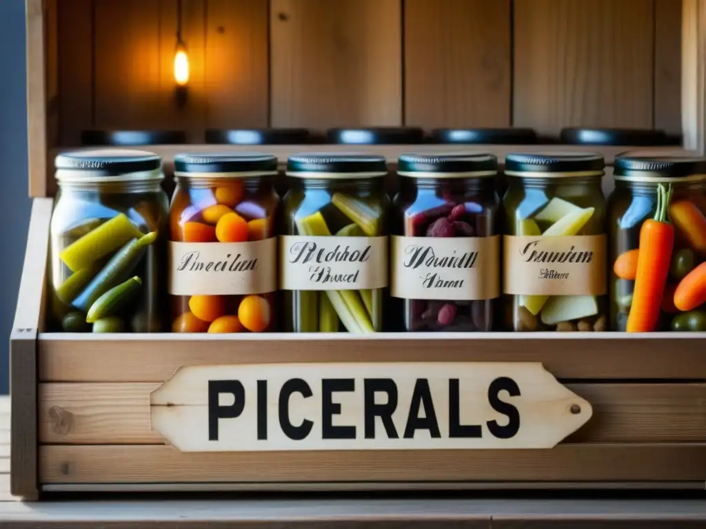 Delicias preservadas: un viaje nostálgico a través de sabores y recuerdos Una caja de madera vintage llena de alimentos conservados, iluminada por luz natural