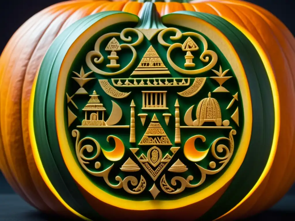 Una calabaza maya tallada con símbolos y escenas tradicionales, resaltando la importancia gastronomía y mitología Maya