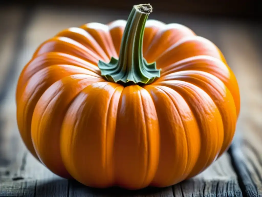 Una calabaza naranja vibrante en una superficie de madera rústica, destacando detalles intrincados