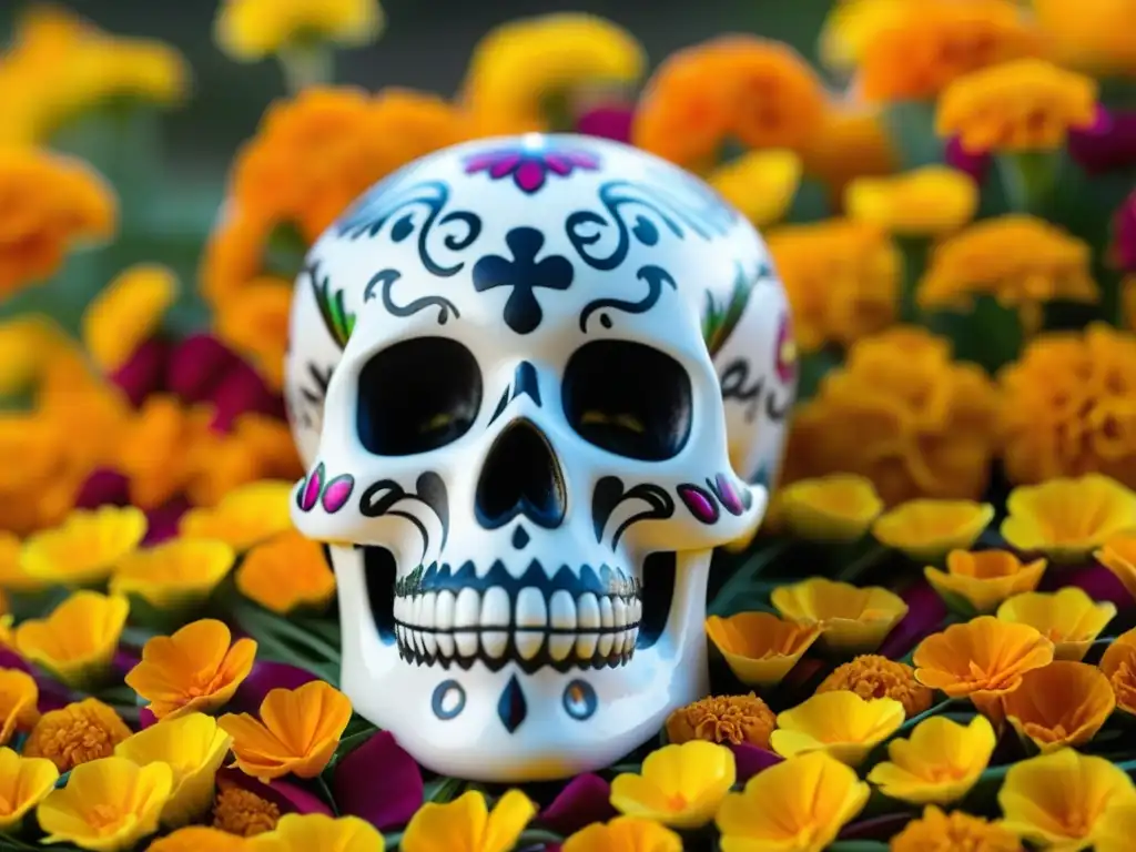 Una calavera de azúcar adornada con detalles vibrantes sobre pétalos de cempasúchil, evocando la tradición de las recetas tradicionales Día de Muertos