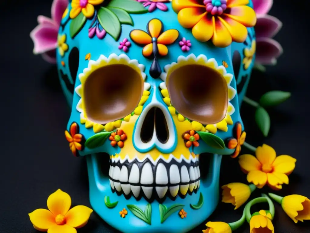 Una calavera de azúcar vibrante y detalladamente decorada, con motivos florales y símbolos mexicanos, destacando en un fondo oscuro