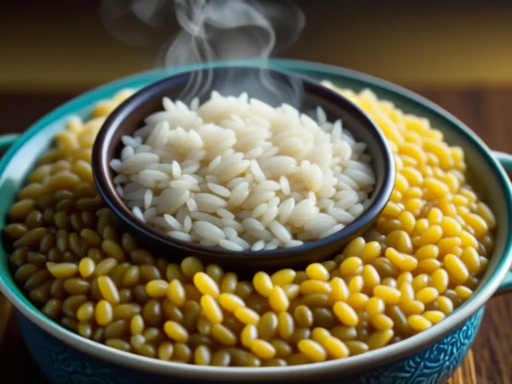 Un caldero burbujeante con arroz y frijoles perfectamente cocidos, resaltando los sabores y colores de la cocina caribeña