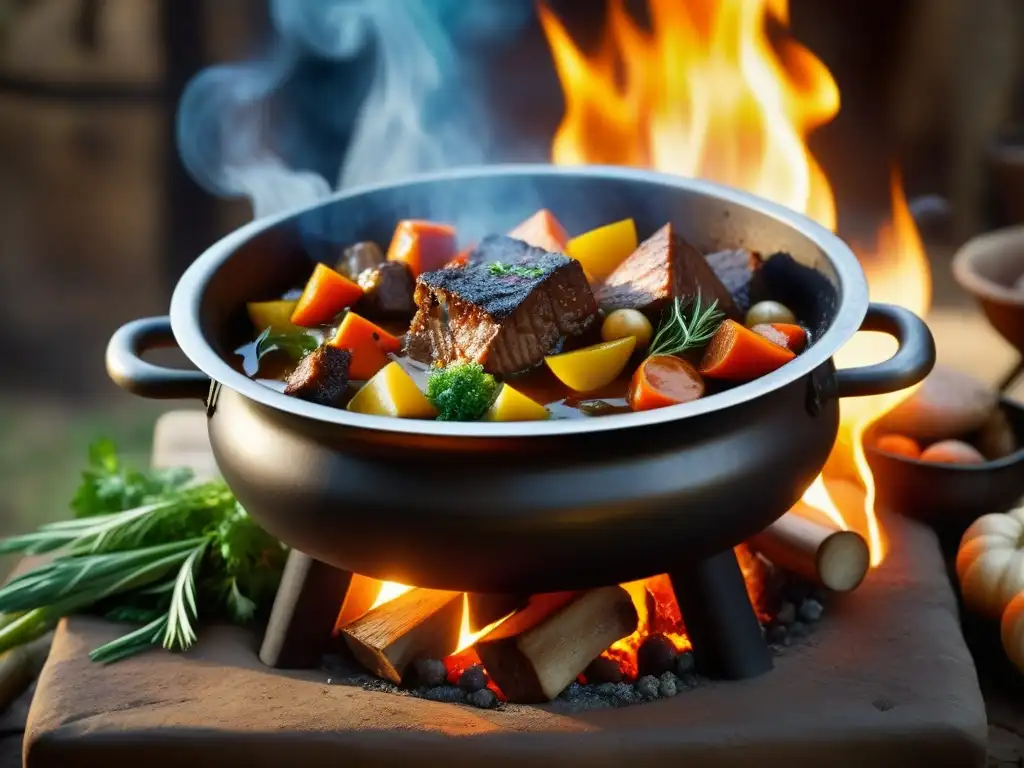 Caldero burbujeante con estofado de carne tierna y verduras coloridas, evocando las sopas estofados cruzados campaña histórica